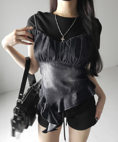 【 ２点セット 】ヴィンテージデニムビスチェ ＆ 半袖レイヤードＴシャツセット ／ vintage denim bustier & short sleeve layered Ｔ-shirts set