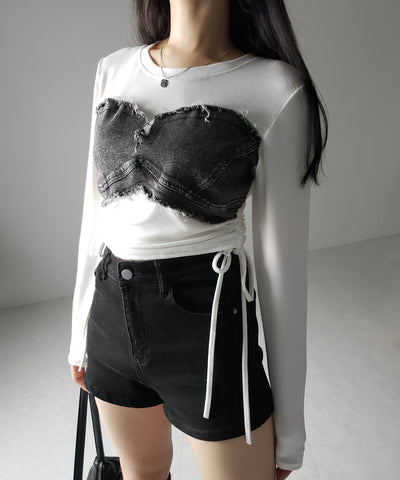 【 ２color 】サイドリボンダメージデニムドッキングＴシャツ ／ side ribbon damage denim docking Tee