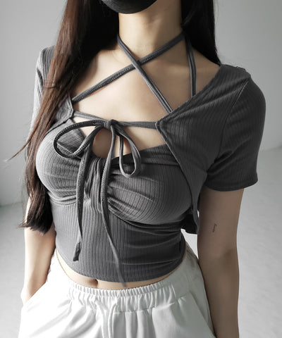【 ２点セット 】 ２WAYストラップリブキャミソール ＋ フロントリボンショートカーディガン SET ／ 2WAY strap lib camisole + front ribbon short cardigan
