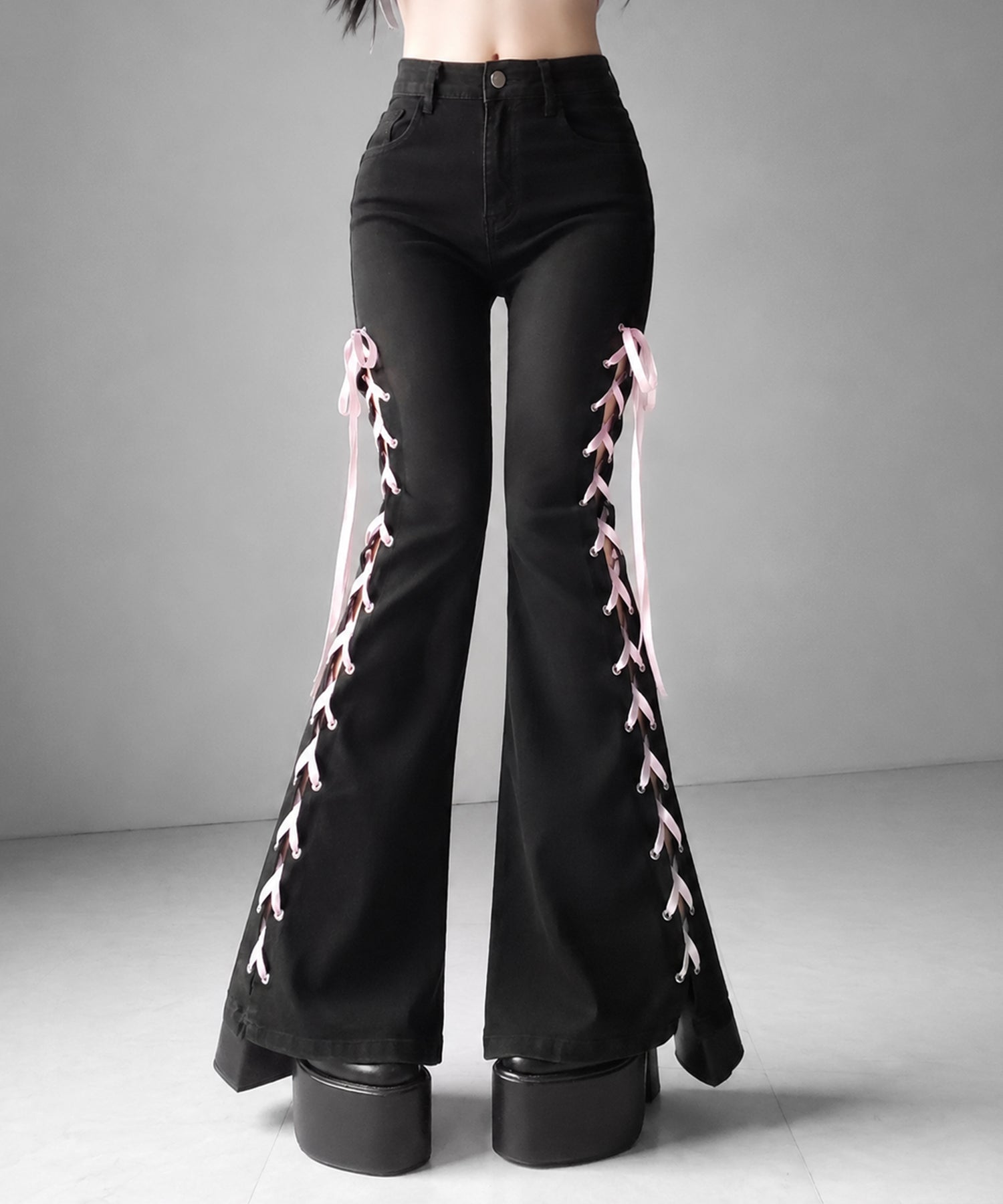 サテンリボンレースアップカットアウトストレッチフレアデニム ／ satin ribbon laceup cutout stretch flare denim