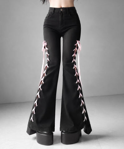サテンリボンレースアップカットアウトストレッチフレアデニム ／ satin ribbon laceup cutout stretch flare denim