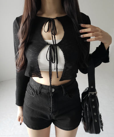 【 ２color 】ダブルリボンシアーニットショートカーディガン ／ double ribbon sheer knit short cardigan