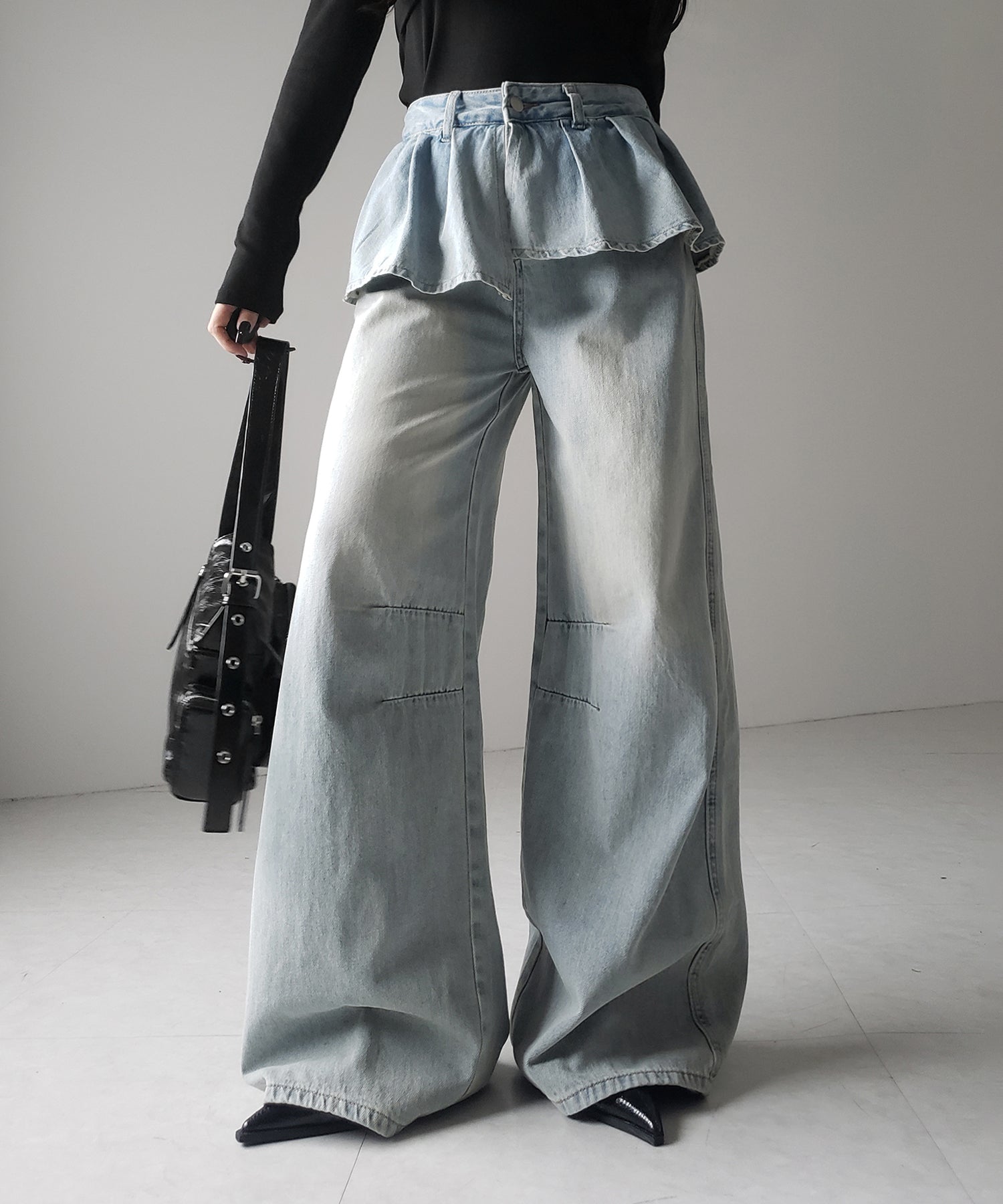 【 ２color ／ ４size 】フリルドッキングレイヤードヴィンテージワイドデニム ／ frll docking layered vintage wide denim