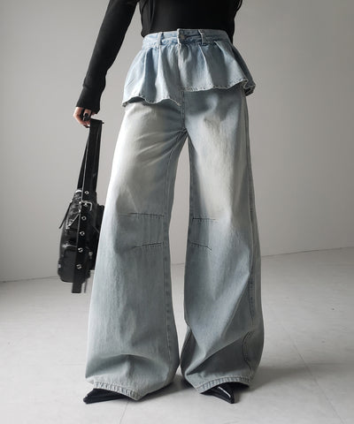 【 ２color ／ ４size 】フリルドッキングレイヤードヴィンテージワイドデニム ／ frll docking layered vintage wide denim