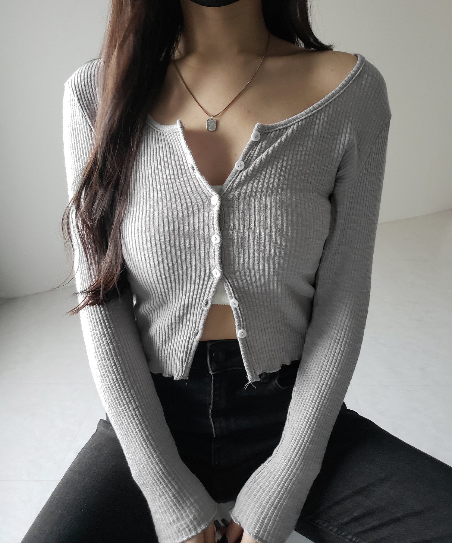 【 ２点セット 】レイヤードレースシアーリブカットソーカーディガン ／ layered lace sheer rib cut and sew cardigan