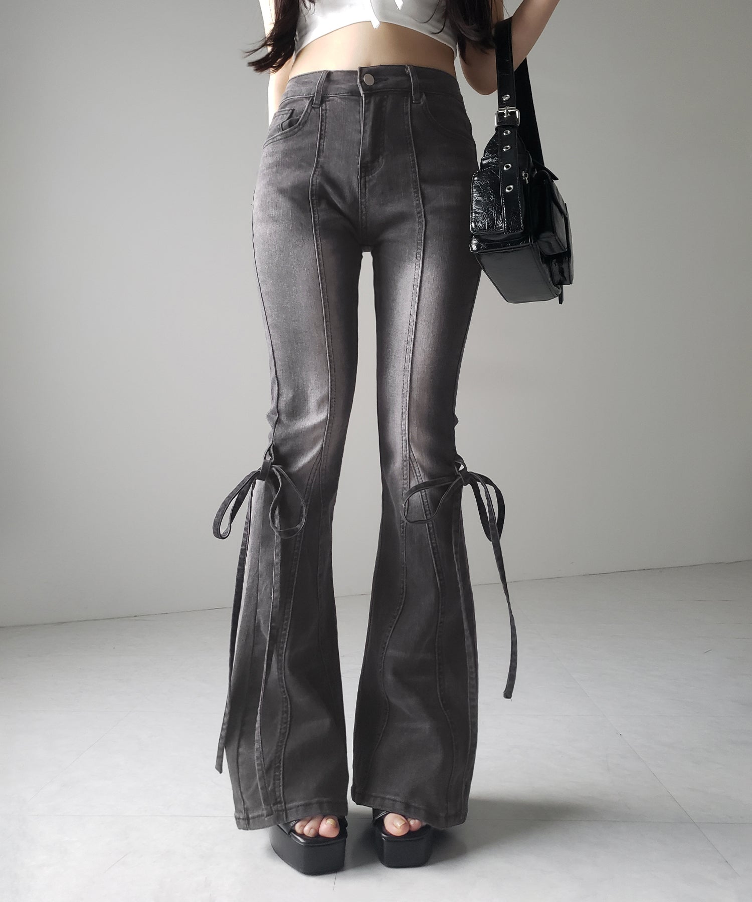 【 ２color ／ ４size 】ストラップリボンヴィンテージストレッチフレアデニム ／ strap ribbon vintage stretch flare denim