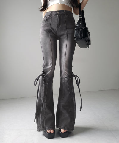 【 ２color ／ ４size 】ストラップリボンヴィンテージストレッチフレアデニム ／ strap ribbon vintage stretch flare denim
