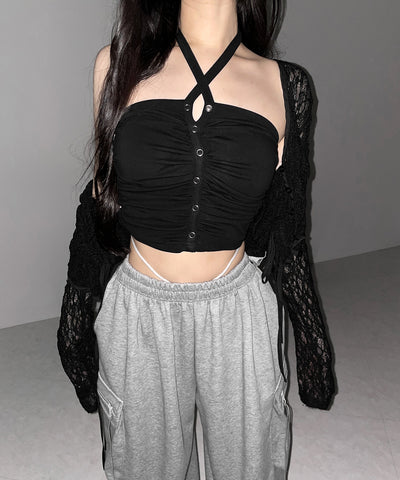 ホルターネックスナップボタンギャザーベアトップ ／ halter neck snap button gathered bare top