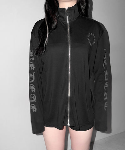 グランジロゴスタンドジップアップオーバーシアートップス ／ grunge logo stand zipup over sheer tops