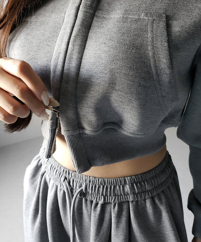 【 セットアップ 】ダブルジップショートパーカー ＋ タックワイドスウェットパンツ SET ／ double zip short hoodie + tuck wide sweat pants SET