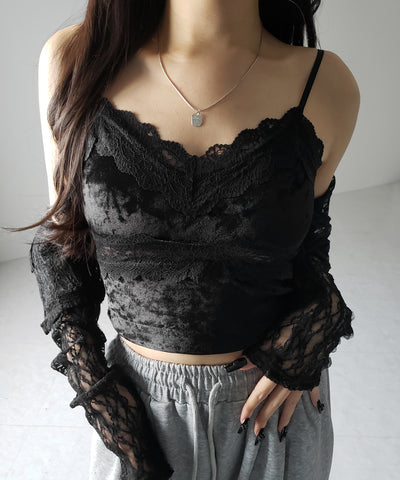 【 カップ付き 】ダブルレースベロアショートビスチェキャミソール ／ double lace velor short bustier camisole