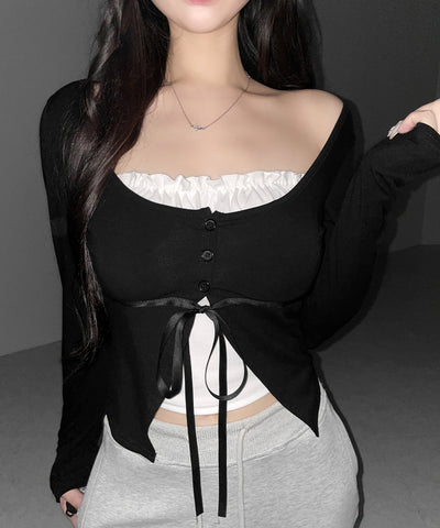 フリルレイヤードリボンカーディガントップス ／ frill layered ribbon cardigan tops