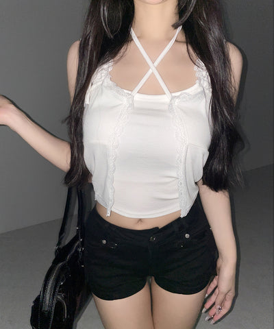 フロントリボンレイヤードリブキャミタンク ／ front ribbon layered lib camisole tank