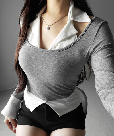 カットアウトフェイクレイヤード長袖Ｔシャツ ／ shirts like cutout fake layered long sleeve T-Shirt