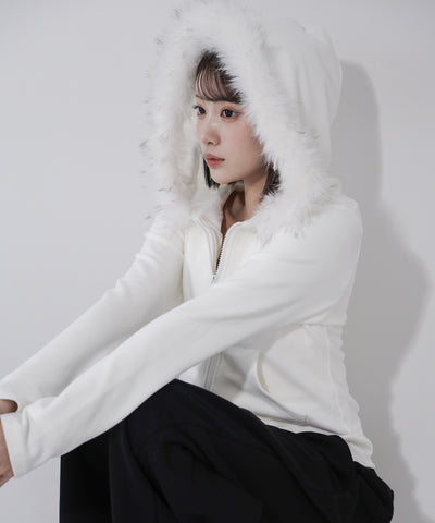 フェイクファーフーディジップアップパーカー ／ fake fur hooded zipup hoodie