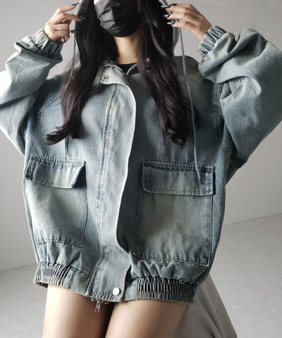 【 ２color 】ヴィンテージデニムダブルジップフードブルゾン ／ vintage denim double zip hoodie blouson