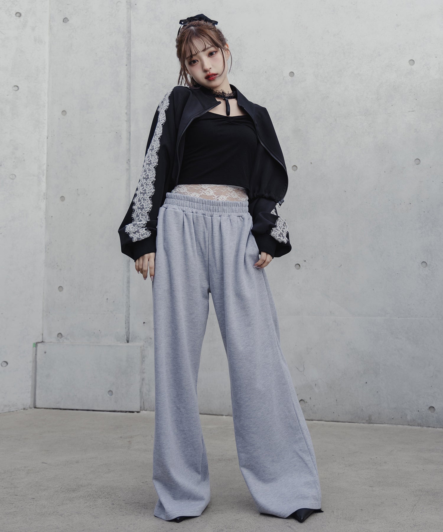【 ２color 】ウエストレースドッキングワイドスウェットパンツ／ waist lace docking wide sweat pants