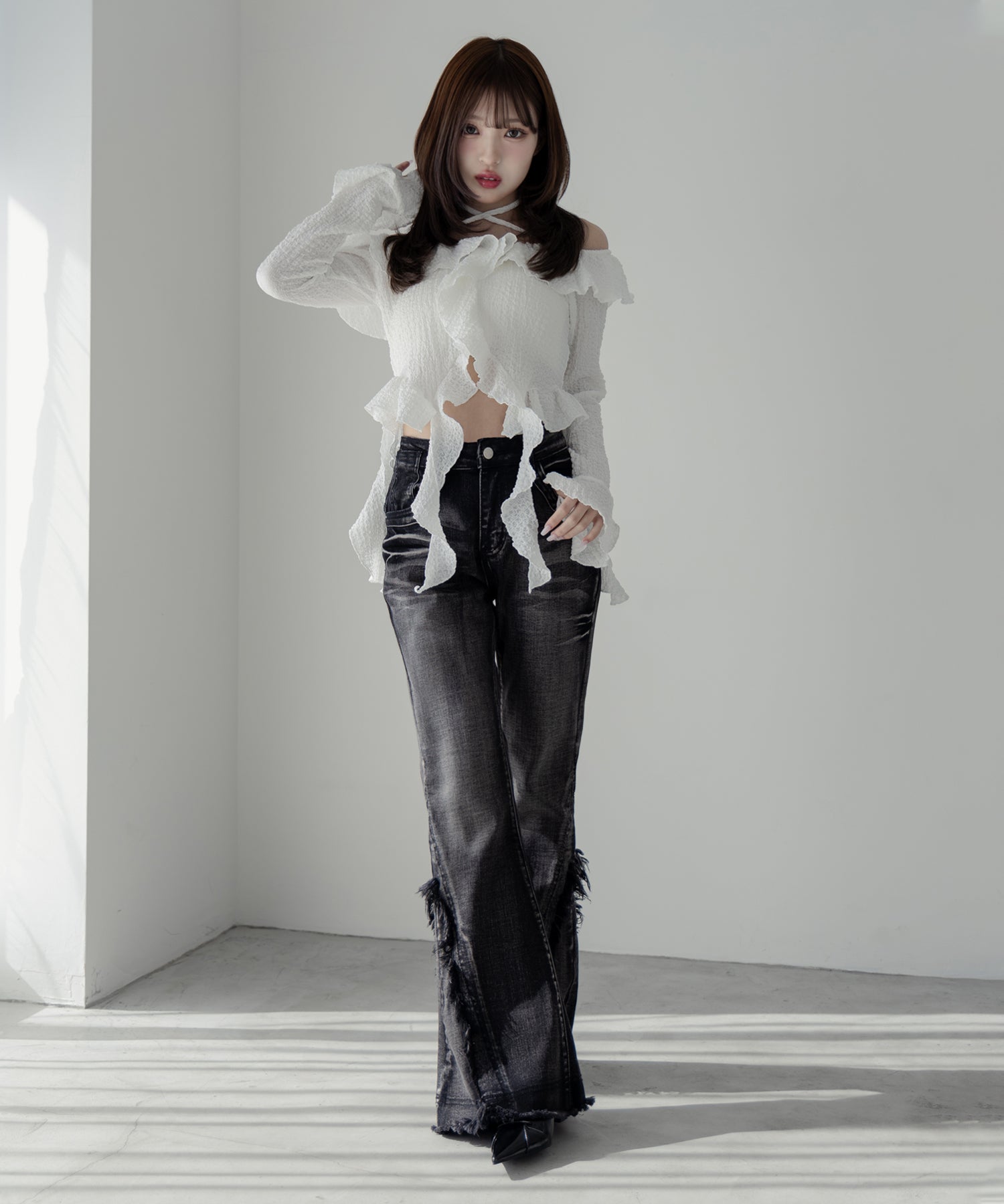 【 ２color ／ ４size 】ヴィンテージライクフリンジストレッチフレアデニム ／ Vintage-like fringe stretch flare denim