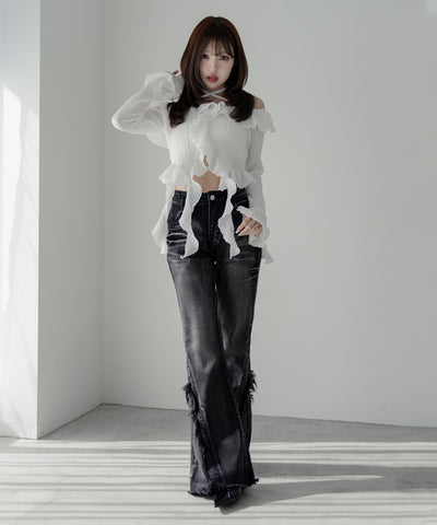 【 ２color ／ ４size 】ヴィンテージライクフリンジストレッチフレアデニム ／ Vintage-like fringe stretch flare denim