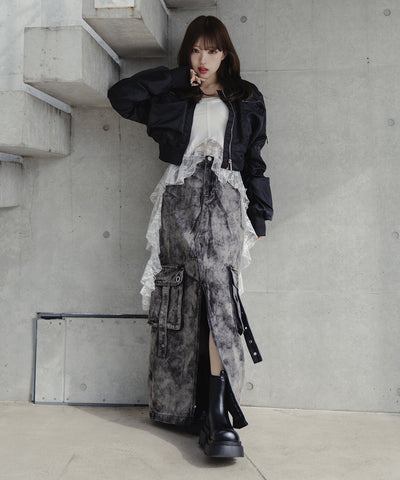 【 ３SIZE 】クラッシュブリーチセンタースリットカーゴデニムスカート ／ crash bleach center slit cargo denim skirt