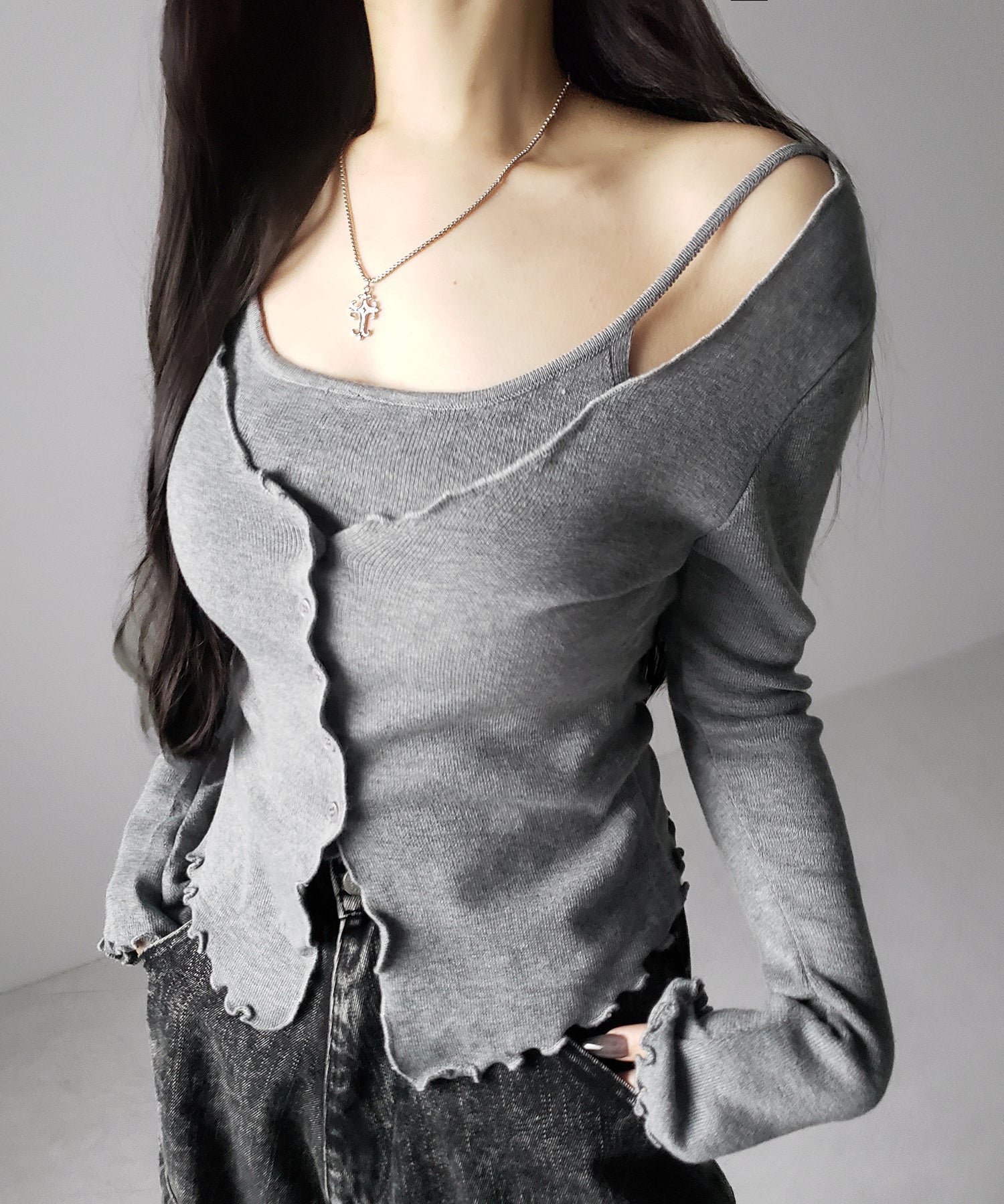 レイヤード風メロースリムニットカーディガン ／ layered mellow slim knit cardigan