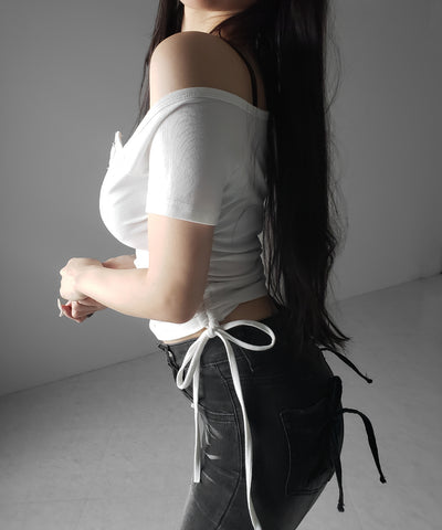 【 ２点セット 】ヘンリーネックサイドリボン半袖ぴちＴシャツ ／ Henley neck side ribbon short-sleeve pichi T-shirt