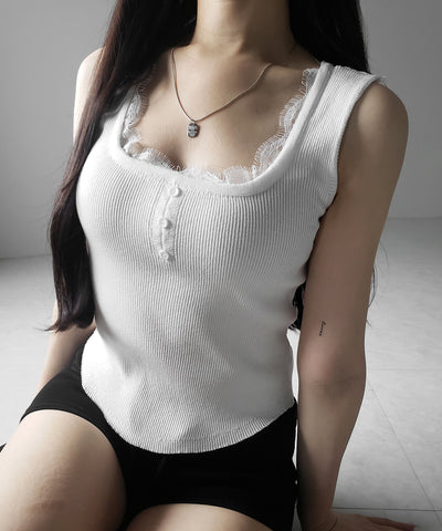 【 ２color 】スクエアネックレースニットタンクトップ ／square neck lace knit tank top