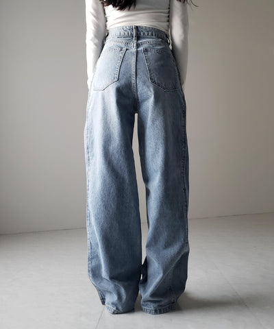 【 ３color ／ ４size 】サイドタック切替ハイウエストストレートデニム ／side tack kirikae highwaist straight denim