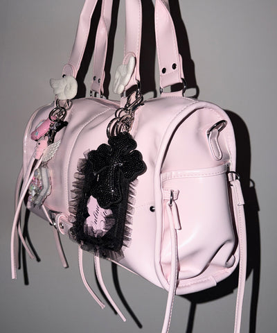 【 ショルダーストラップ付き２WAY 】レースアップベルテッドフリンジボストンショルダーバッグ／lace up belted fringe boston shoulder bag