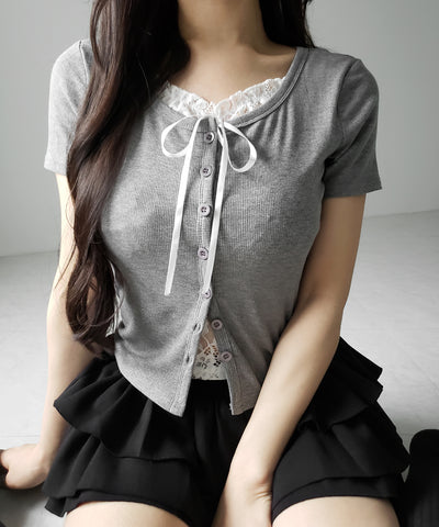 フロントリボンレースレイヤード半袖リブトップス ／front ribbon lace layered short sleeve rib tops