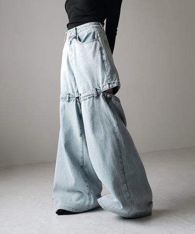 【 選べる３サイズ 】バックオープンカットアウトウォッシュワイドデニム ／ Back open cutout washed wide denim