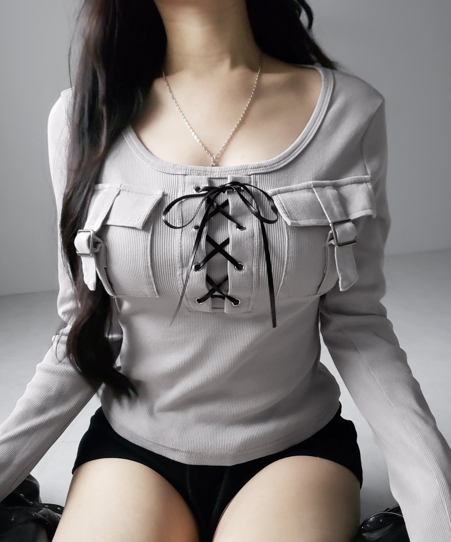 ヴィンテージレースアップアウトポケットスクエアリブロンT ／ vintage laceup outpocket square lib long slleve T-shirts