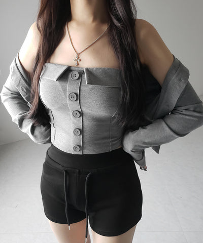 【 2点セット 】フロントボタンベアトップ ＋ クロップドカットソーカーディガン SET ／ front button bare top + cropped cutsaw cardigan SET