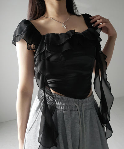 【 ２color ／ ２WAY 】シアーフリルコルセットサテンショートブラウス ／ sheer frill corset satin short blouse