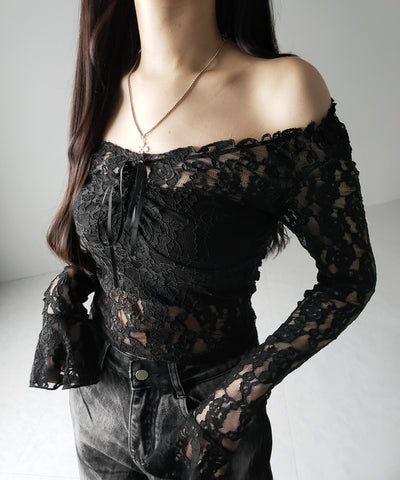 【 ２color ／２WAY 】フロントリボンオフショルスリムレーストップス ／ front ribbon off-shoulder slim lace tops
