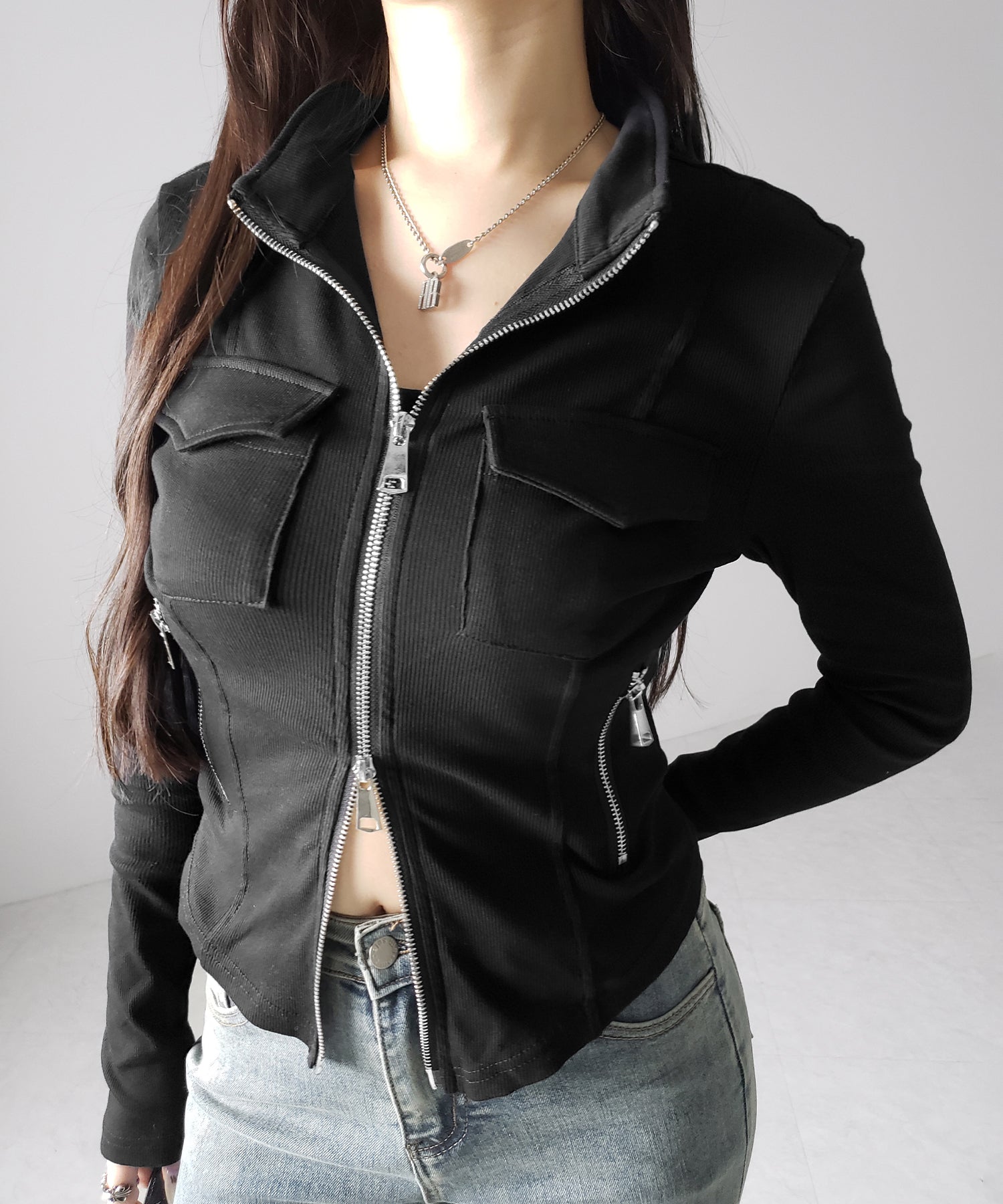 アウトポケットダブルジップスリムリブトップス ／ out pocket double zip slim ribbed tops