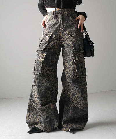 【 ２color ／ ４size 】レオパードヴィンテージタックワイドカーゴデニム ／ leopard vintage tuck wide cargo denim