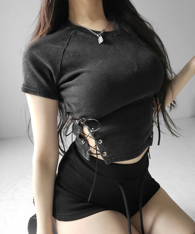 ヴィンテージサイドレースアップカットアウト半袖ショートTシャツ ／ vintage side lace up cutout short short sleeve T-shirts