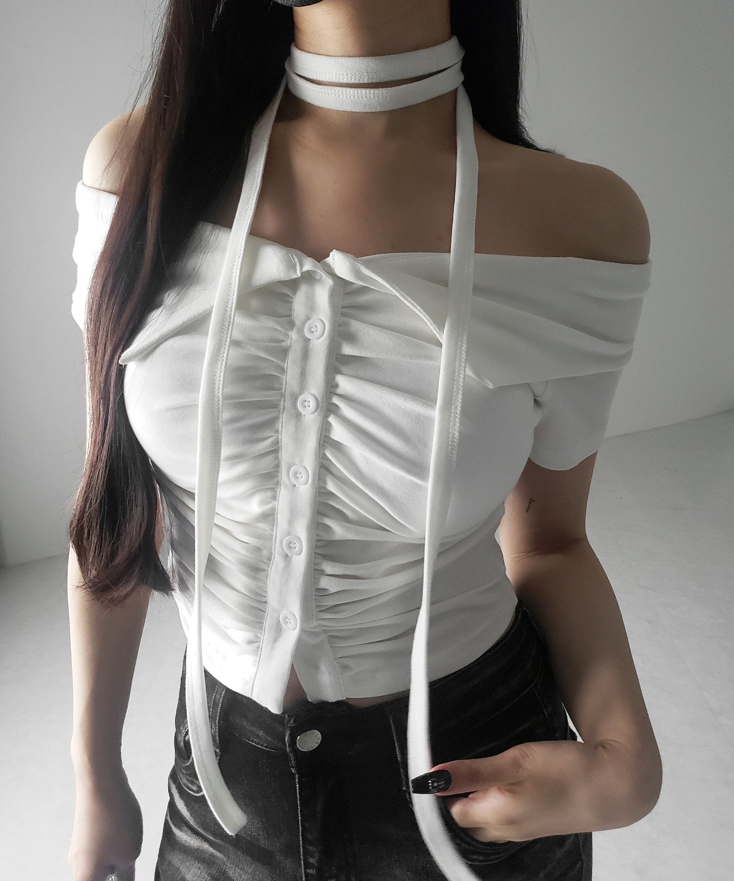 【 ３color 】チョーカーロングタイ付き　オフショルダータックギャザーＴシャツ ／ choker long tie SET offshoulder tuck gather slim T-shirt