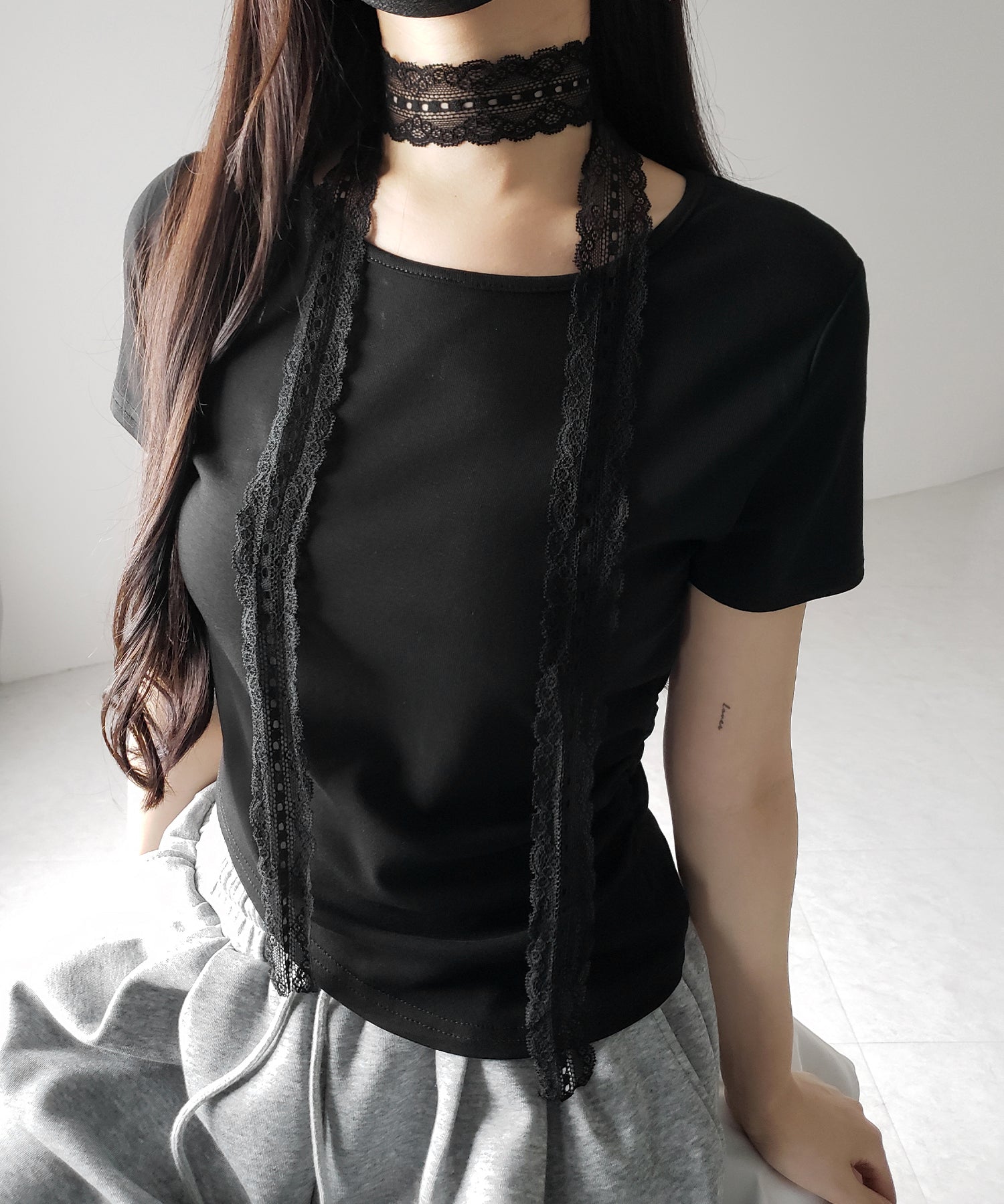 【 ３color 】レースチョーカーロングタイ付き半袖Ｔシャツ ／　lace choker long tie set short sleeve T-shirt