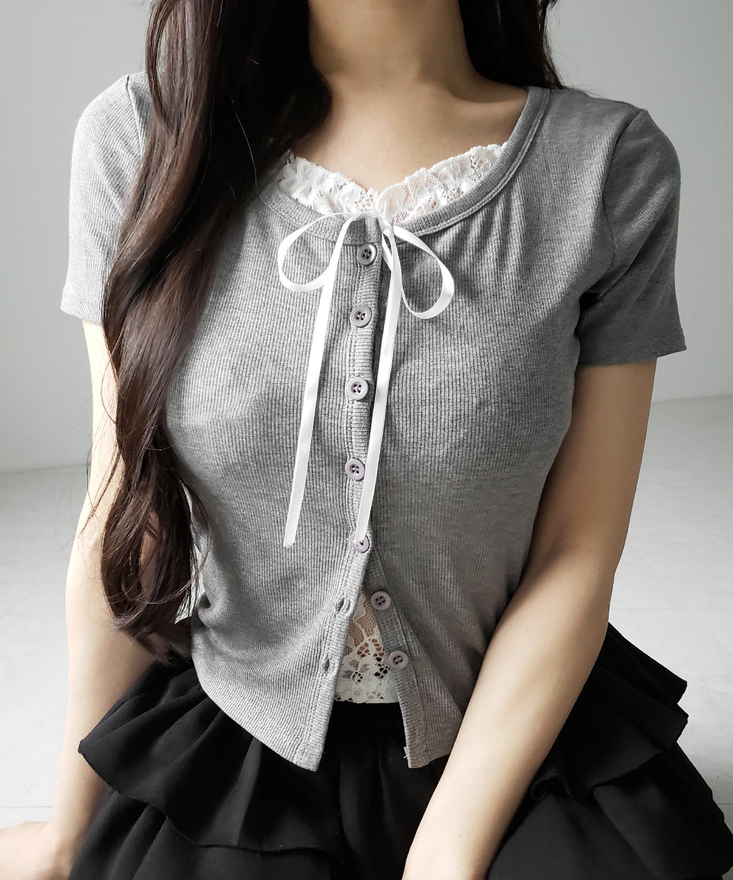 フロントリボンレースレイヤード半袖リブトップス ／front ribbon lace layered short sleeve rib tops