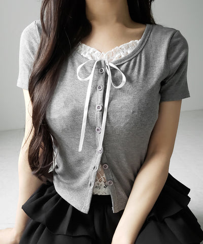フロントリボンレースレイヤード半袖リブトップス ／front ribbon lace layered short sleeve rib tops