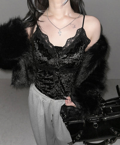 フロントボタンレースベロアショートキャミソール ／ front button lace velor short camisole