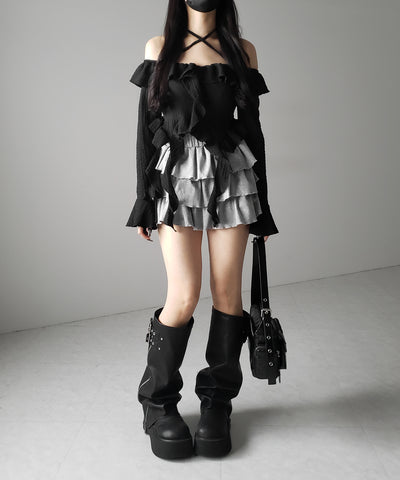 【 ２color 】クロスストラップリボンオフショルダーフリルブラウス ／ cross strap ribbon off shoulder frill blouse