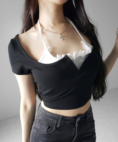 レースレイヤードドッキングスクエアネックＴシャツ ／ Lace layered docking square neck T-shirt