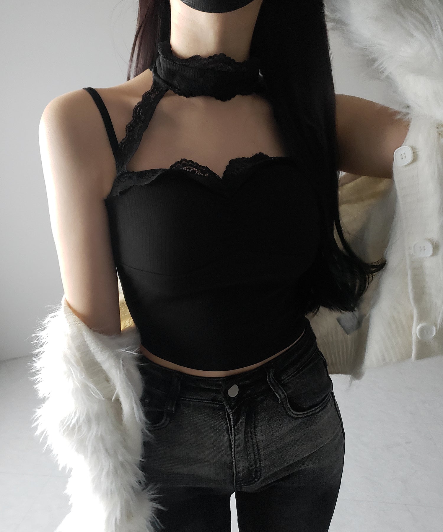 【 ２color ／ カップ付 】レースチョーカーストラップリブキャミソール ／ lace choker strap lib camisole