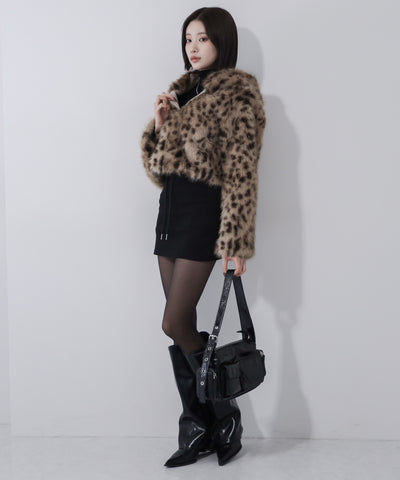 レオパードフェイクファーフーディショートコート ／ reopard fakefur hoodie short coat