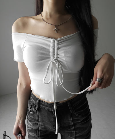 【 ３color 】シャーリングリボンオフショルメローＴシャツ ／ shirring ribbon off-shoulder mellow T-shirt