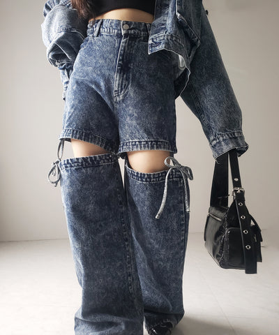 【 セットアップ着用可能 】２WAYヴィンテージケミカルブリーチカットアウトリボンデニム ／ 2WAY vintage chemical bleach cutout ribbon denim
