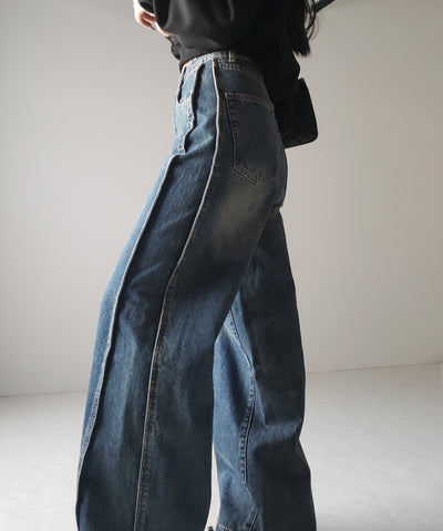 【 ３color ／ ４size 】サイドタック切替ハイウエストストレートデニム ／side tack kirikae highwaist straight denim